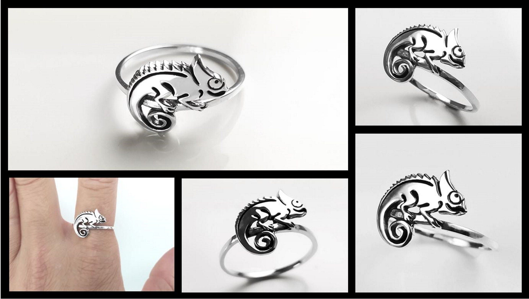 Une bague en argent avec un caméléon délicatement façonné sur le dessus. Le caméléon est sur un anneau en argent massif 925. Sa queue est enroulée.
Il est tout beau, et tranquillement posé. 

C'est une Bague parfaite pour un cadeau. Un bijou en argent 925 classique avec un motif fantaisiste.
Le meilleur du local : fait main, durable. Boutique fiable, milliers d'avis.