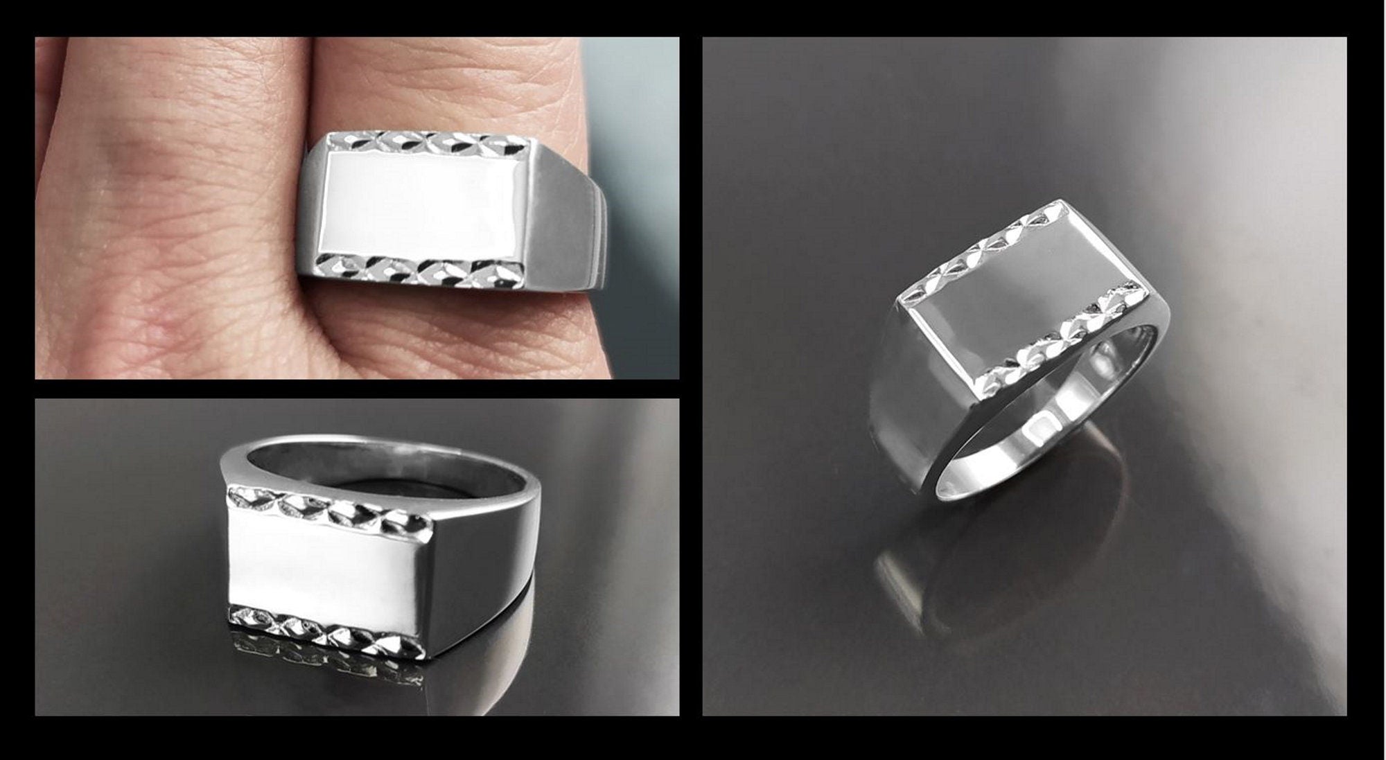 Rectangle Signet Ring, Sterling Silver, Mens Signet Ring, Diamond Faceted Borders, Unisex jewelry Gift, Engraving Name Initials Option