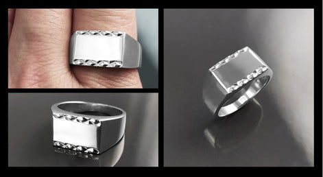 Rectangle Signet Ring, Sterling Silver, Mens Signet Ring, Diamond Faceted Borders, Unisex jewelry Gift, Engraving Name Initials Option
