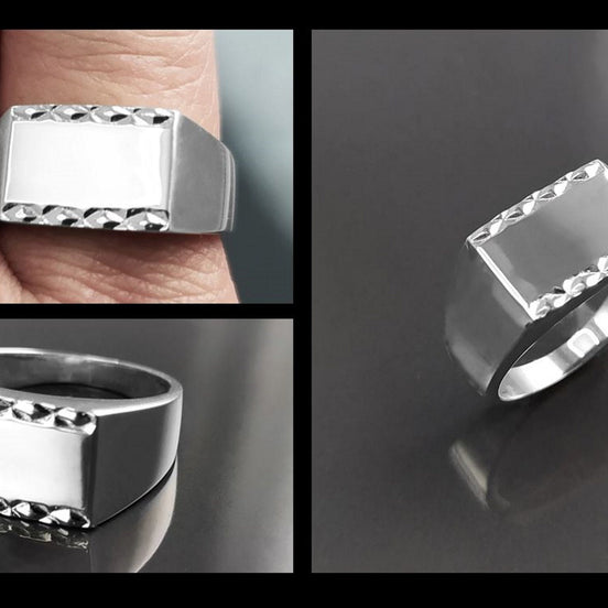 Rectangle Signet Ring, Sterling Silver, Mens Signet Ring, Diamond Faceted Borders, Unisex jewelry Gift, Engraving Name Initials Option