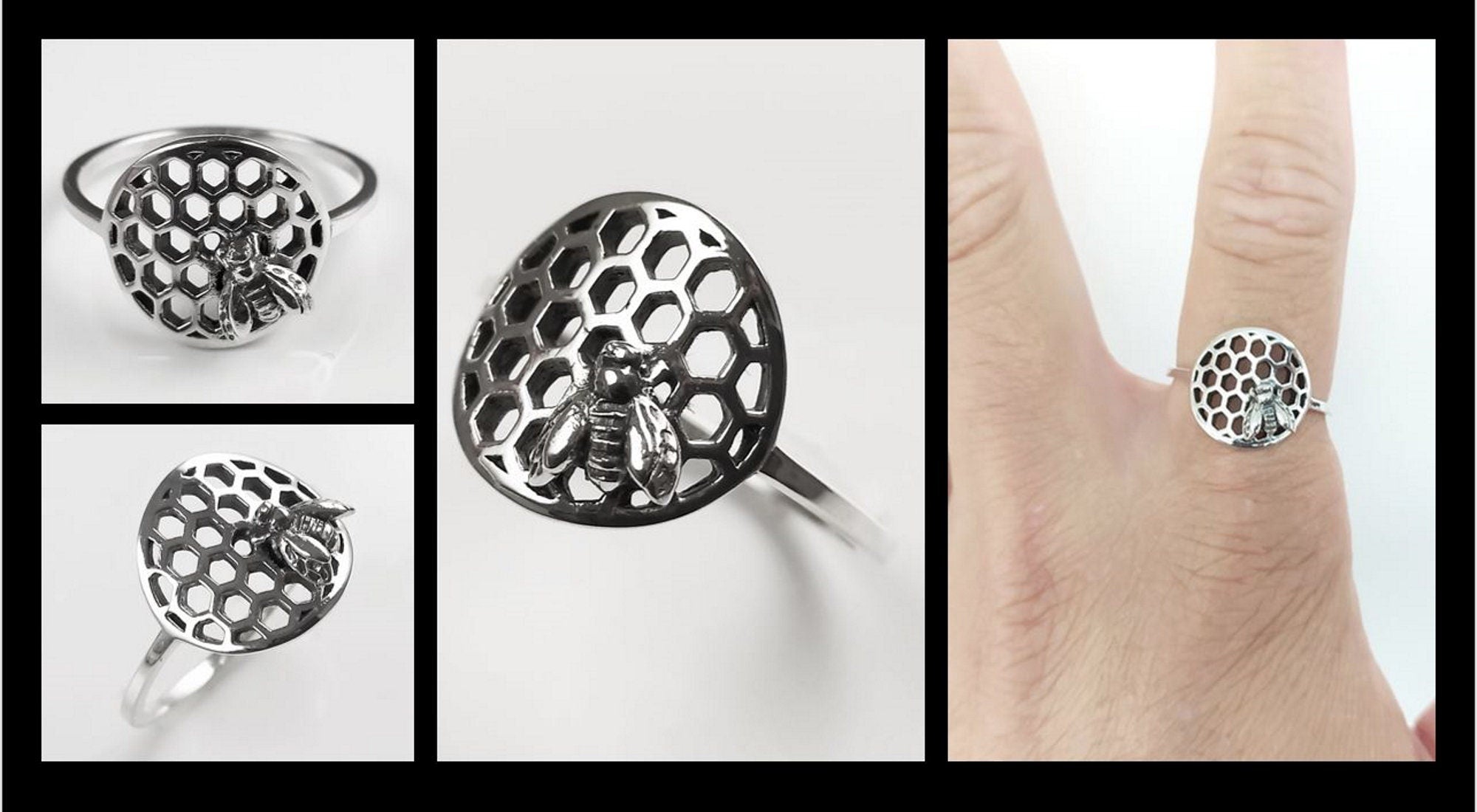 Honeycomb Ring, Sterling Silver, Beehive Jewelry, Bumble Bee, Bee Honeycomb Nature Jewelry, Honeycomb Core, Bug Ring, Gifts For Bee Lovers