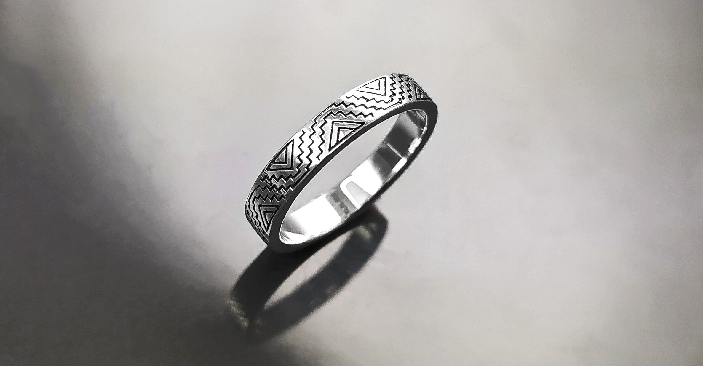 Mayan Band Ring, Sterling Silver, Mesoamerican Geometric Aztec Ancient Symbols Inca Temple Maya civilization Symbols Unisex Jewelry