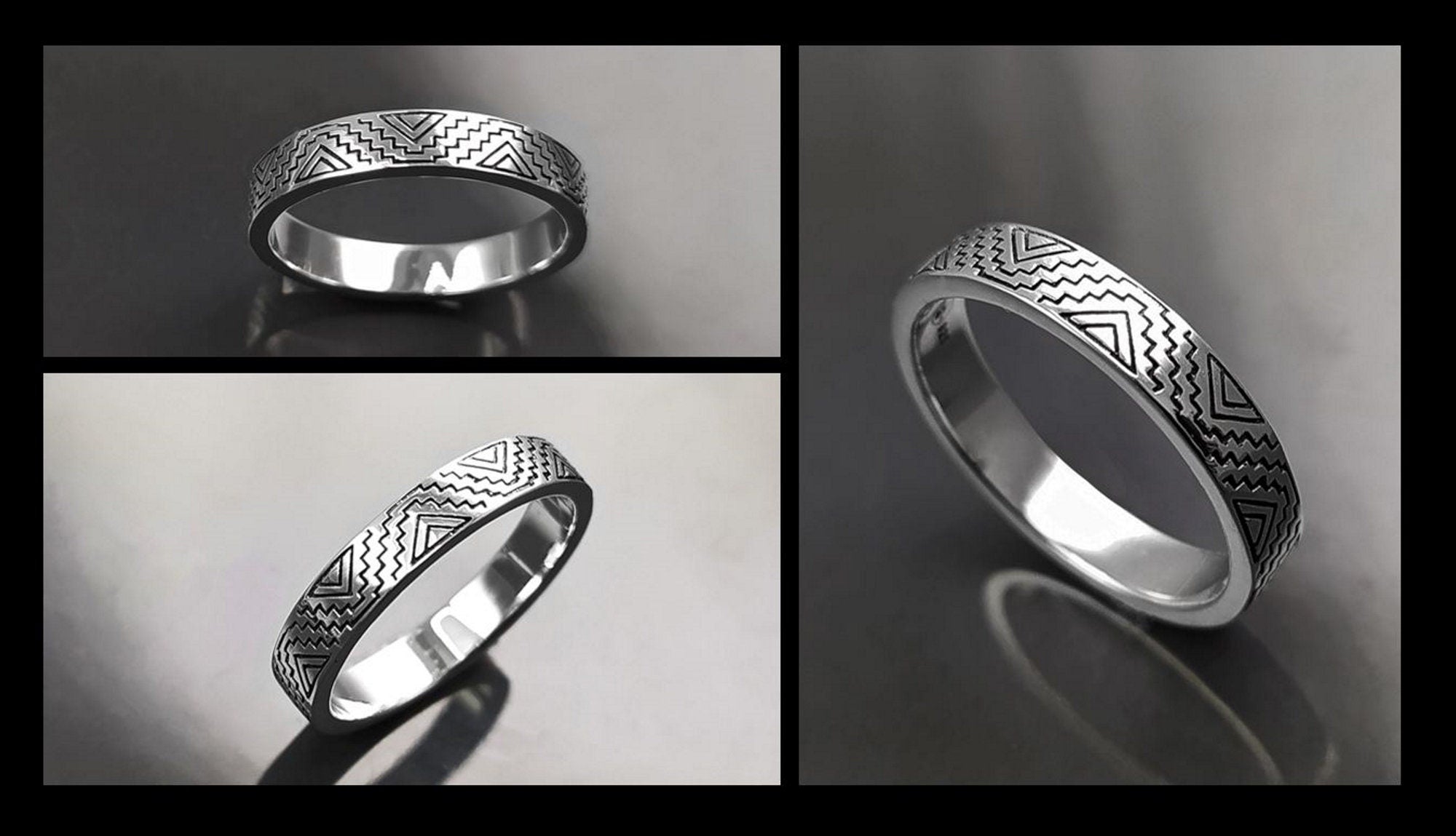 Mayan Band Ring, Sterling Silver, Mesoamerican Geometric Aztec Ancient Symbols Inca Temple Maya civilization Symbols Unisex Jewelry