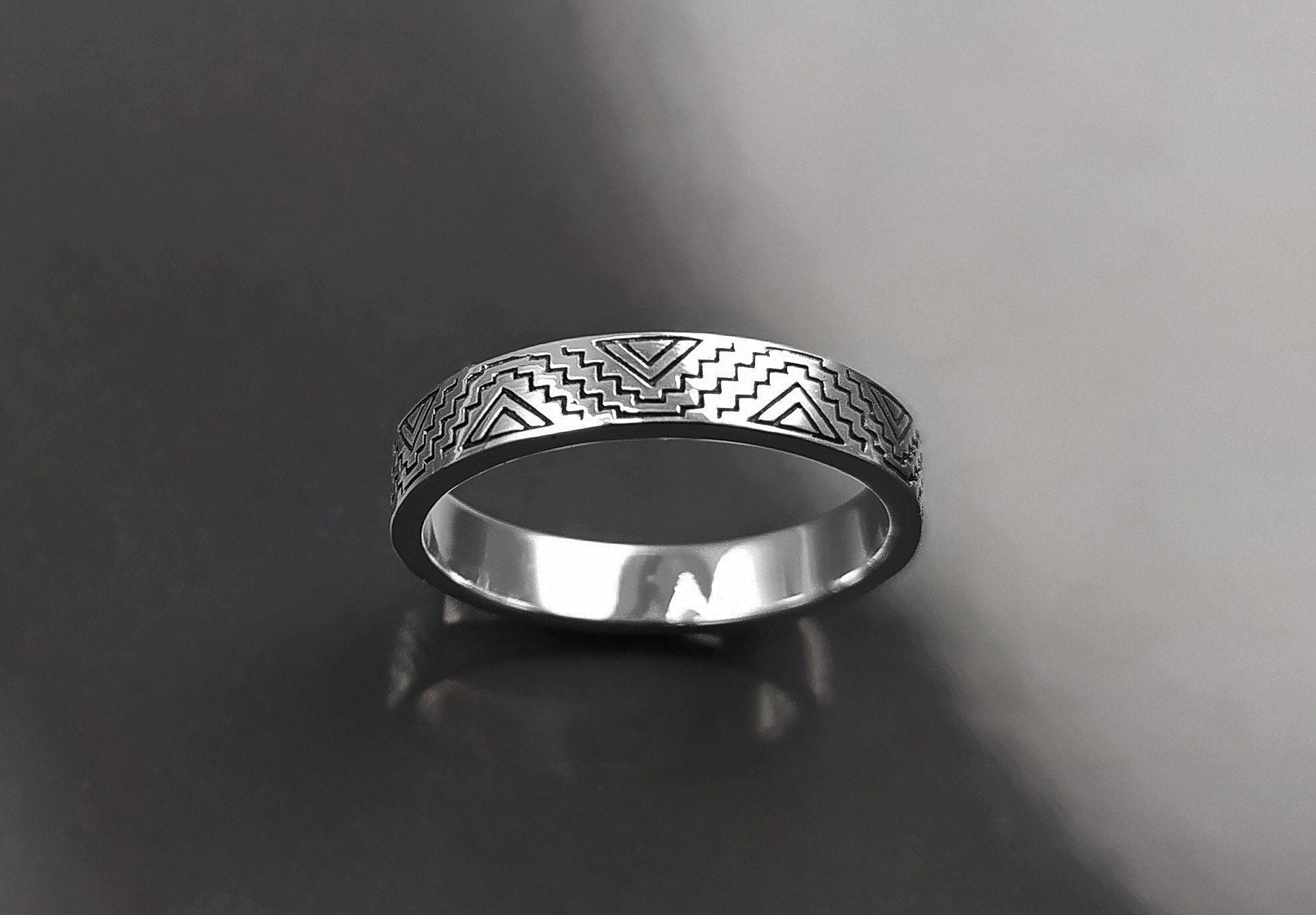 Mayan Band Ring, Sterling Silver, Mesoamerican Geometric Aztec Ancient Symbols Inca Temple Maya civilization Symbols Unisex Jewelry