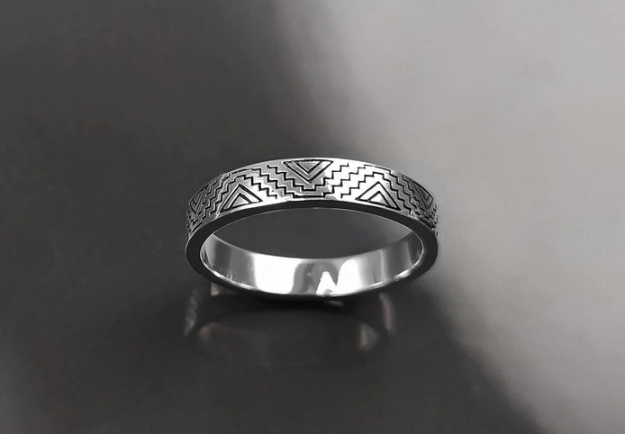 Mayan Band Ring, Sterling Silver, Mesoamerican Geometric Aztec Ancient Symbols Inca Temple Maya civilization Symbols Unisex Jewelry