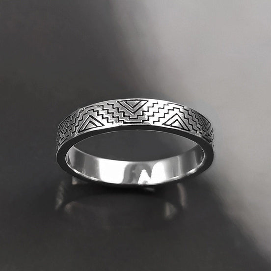 Mayan Band Ring, Sterling Silver, Mesoamerican Geometric Aztec Ancient Symbols Inca Temple Maya civilization Symbols Unisex Jewelry