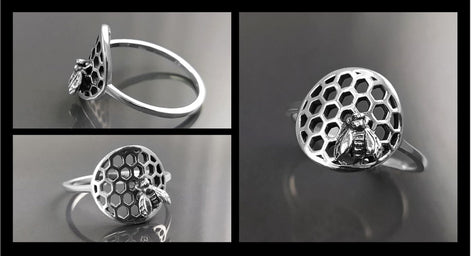 Honeycomb Ring, Sterling Silver, Beehive Jewelry, Bumble Bee, Bee Honeycomb Nature Jewelry, Honeycomb Core, Bug Ring, Gifts For Bee Lovers