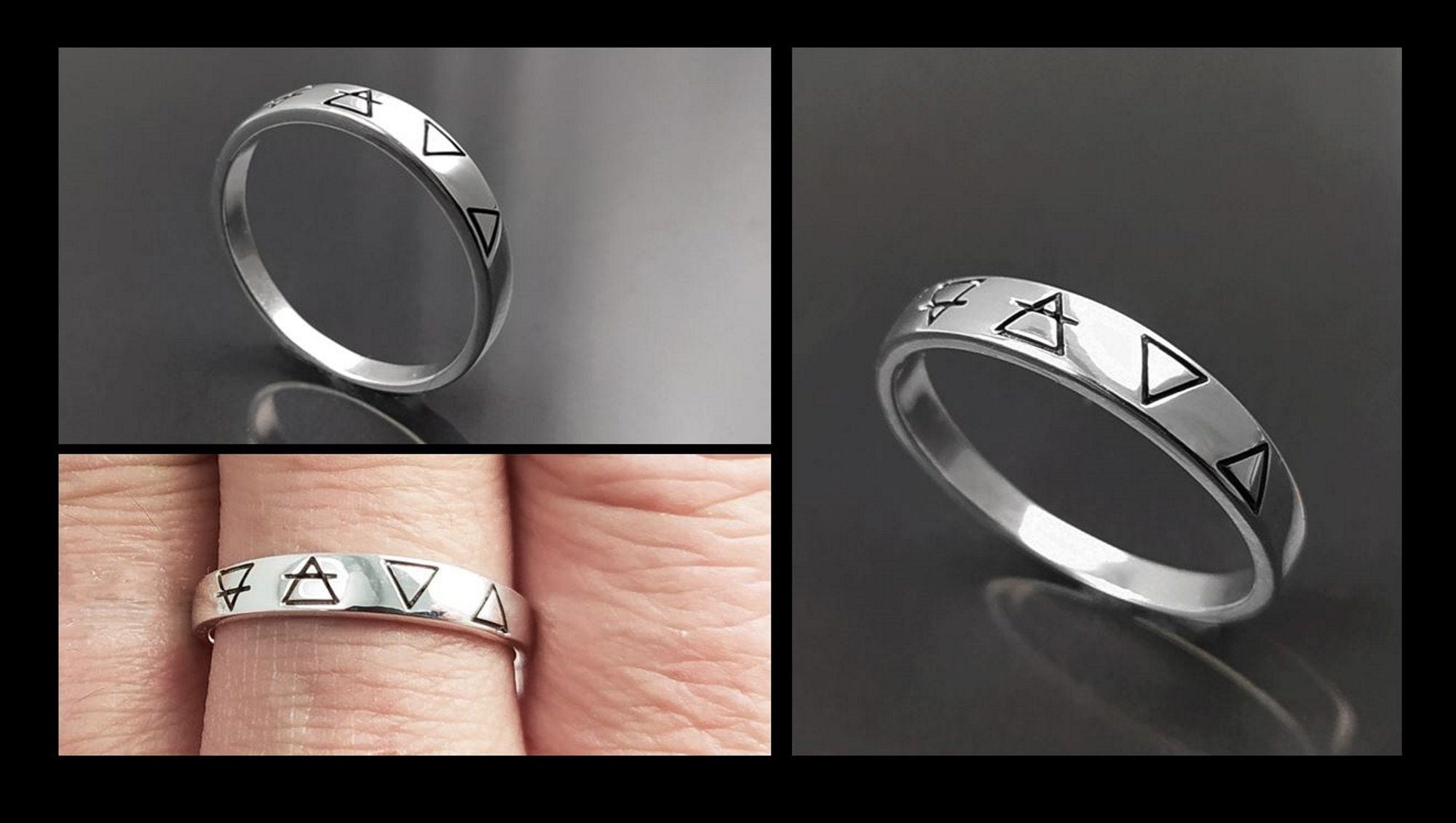 Une bague en argent avec quatre symboles gravés : un cercle avec une ligne qui le traverse, un triangle, un triangle inversé et un triangle avec une ligne qui le traverse.
Bague quatre éléments de la Planète Terre, argent 925, anneau des 4 élément symboles terrien : terre air eau feu, bijoux astrologie.
VU DE Côté. Bague portée.
Bijou artisanal durable. Fait main local. Boutique de confiance recommandée.