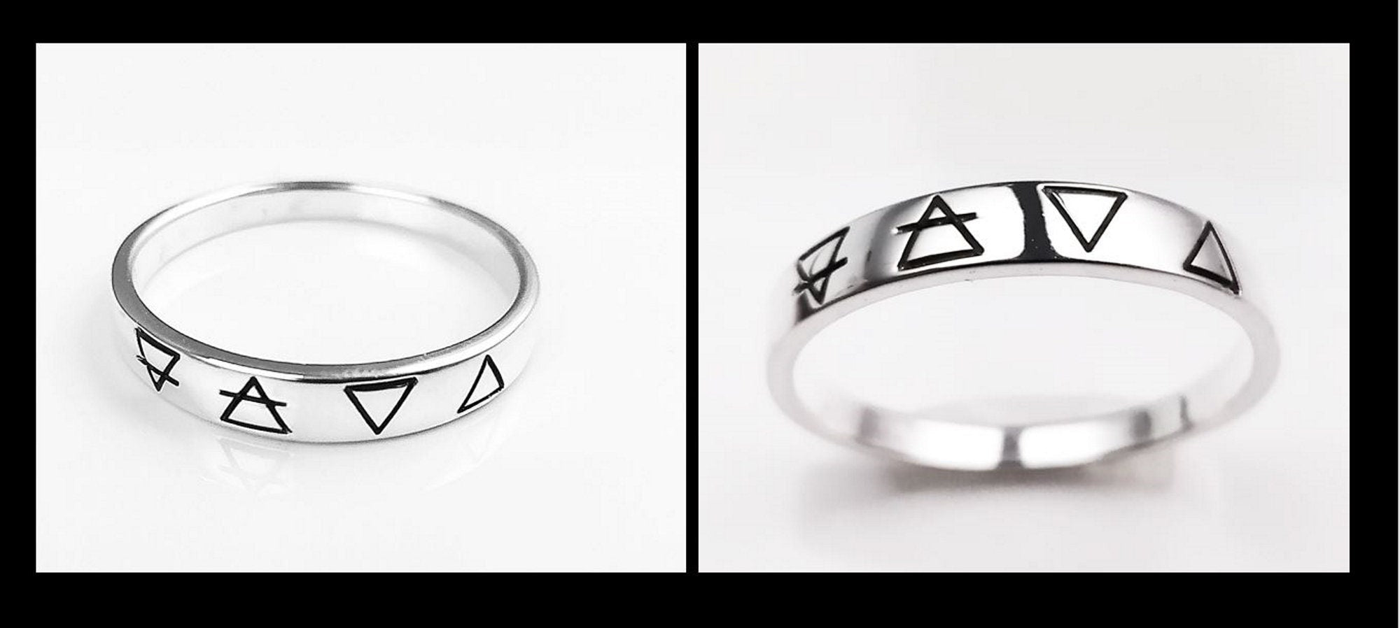 Une bague en argent avec quatre symboles gravés : un cercle avec une ligne qui le traverse, un triangle, un triangle inversé et un triangle avec une ligne qui le traverse.
Bague quatre éléments de la Planète Terre, argent 925, anneau des 4 élément symboles terrien : terre air eau feu, bijoux astrologie.
VU DE Côté.
Bijou artisanal durable. Fait main local. Boutique de confiance recommandée.