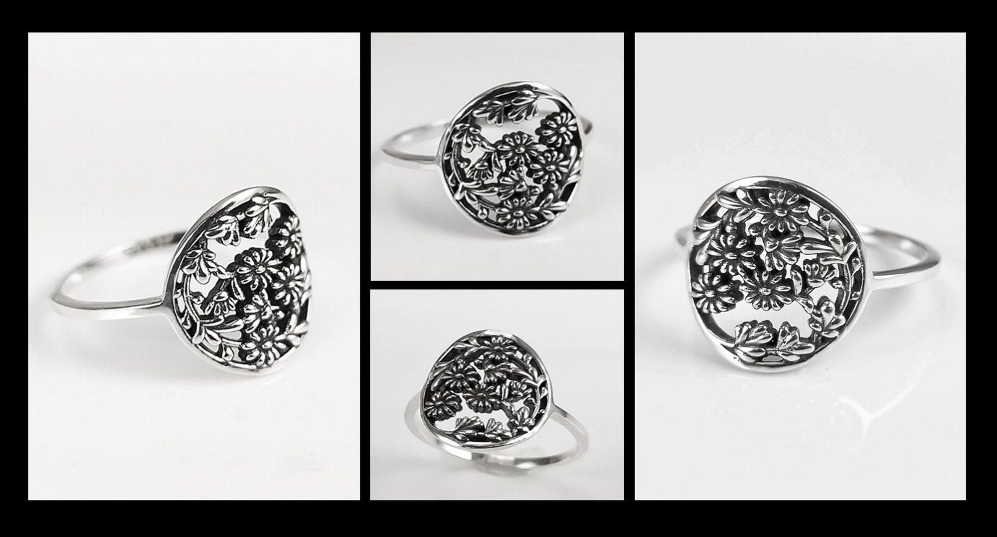Flower Daisy Ring, Sterling Silver, Daisies Pattern, Floral Jewelry, Flower Wreath Ring, Bouquet of Flowers Crown Ring, Spring Jewelry
