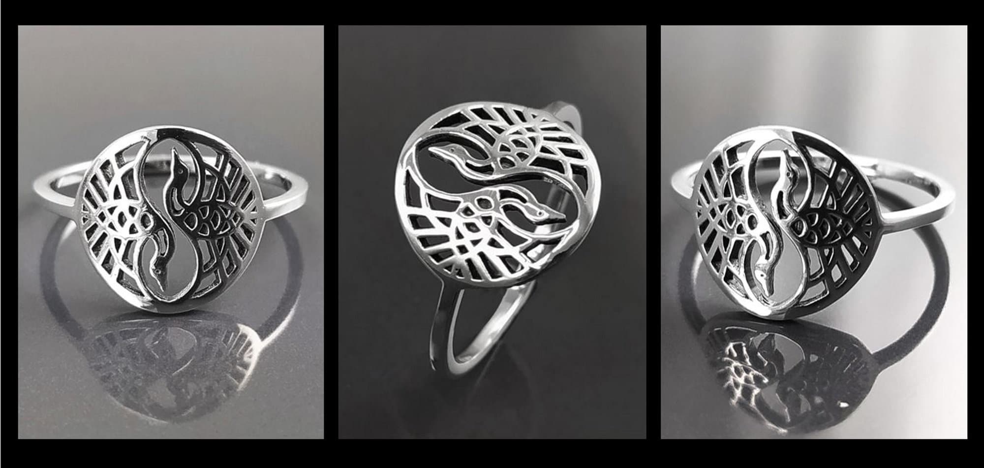 Crane Bird Ring, Sterling Silver, Spiritual Yin Yang Yoga Design, Oriental Zen Jewelry