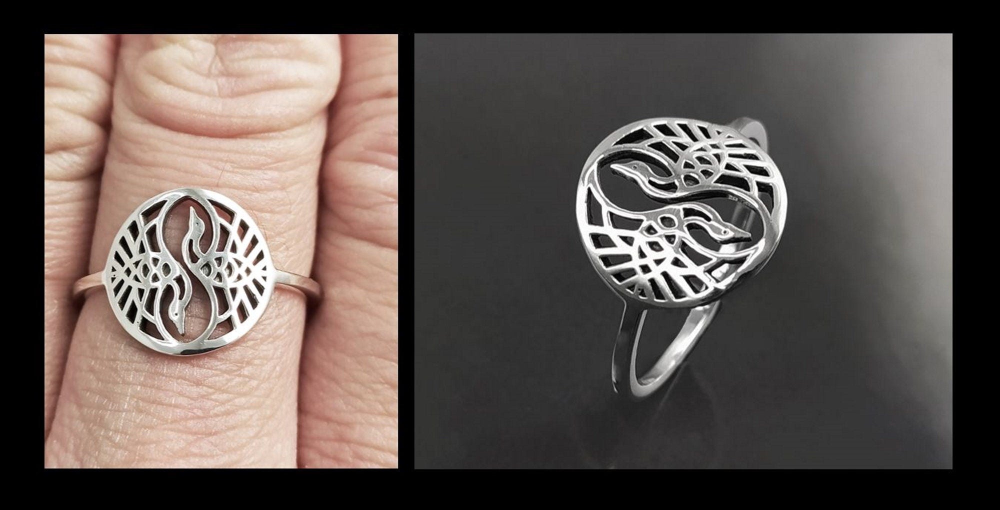 Crane Bird Ring, Sterling Silver, Spiritual Yin Yang Yoga Design, Oriental Zen Jewelry