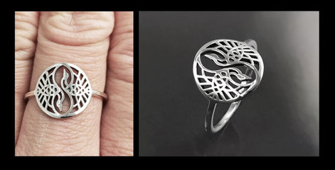 Crane Bird Ring, Sterling Silver, Spiritual Yin Yang Yoga Design, Oriental Zen Jewelry