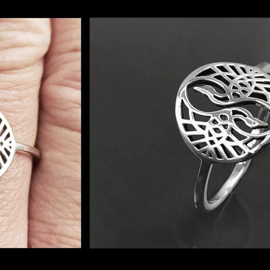 Crane Bird Ring, Sterling Silver, Spiritual Yin Yang Yoga Design, Oriental Zen Jewelry