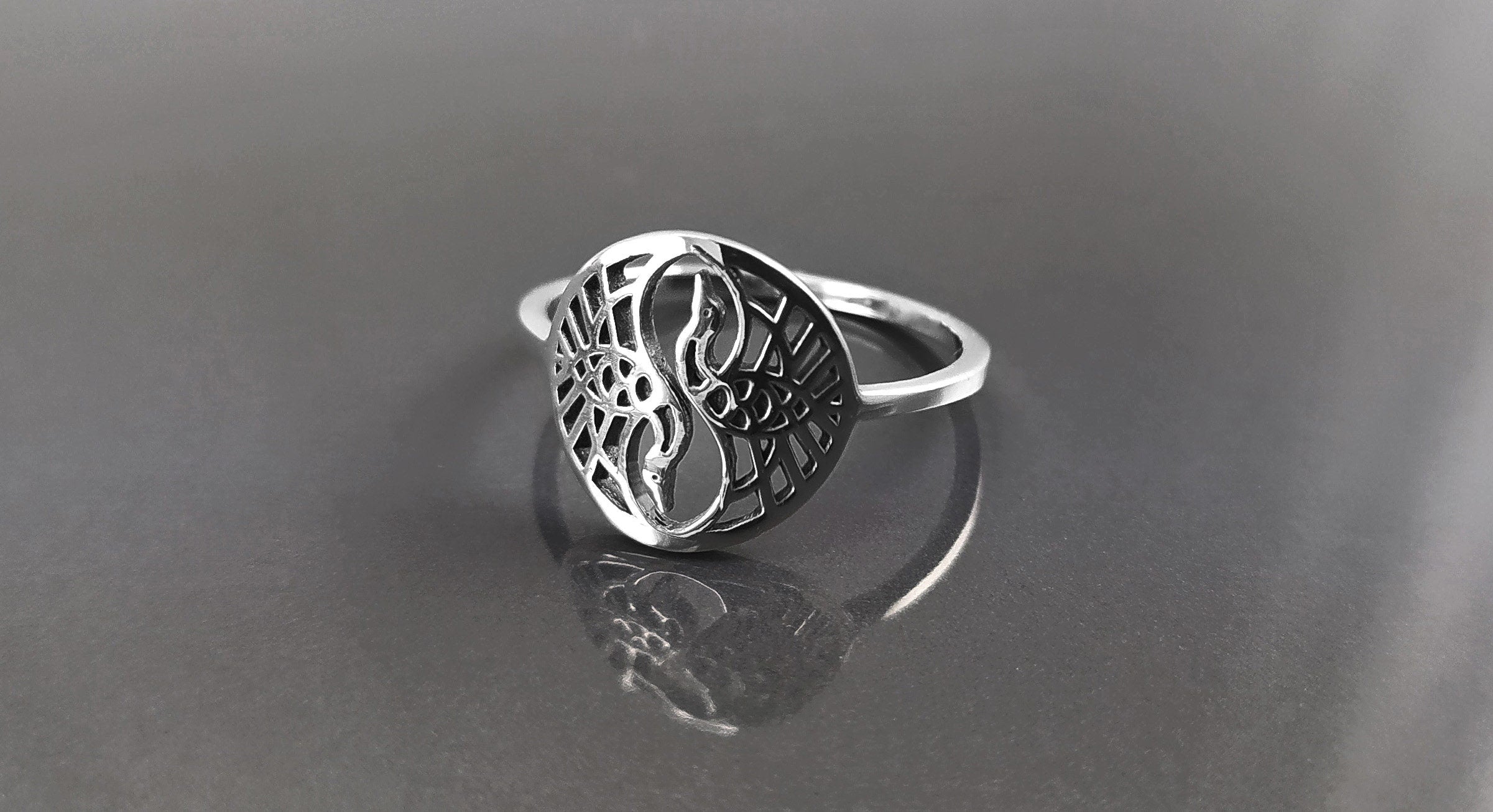 Crane Bird Ring, Sterling Silver, Spiritual Yin Yang Yoga Design, Oriental Zen Jewelry