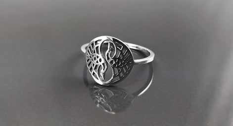 Crane Bird Ring, Sterling Silver, Spiritual Yin Yang Yoga Design, Oriental Zen Jewelry
