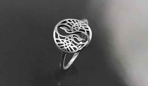 Crane Bird Ring, Sterling Silver, Spiritual Yin Yang Yoga Design, Oriental Zen Jewelry