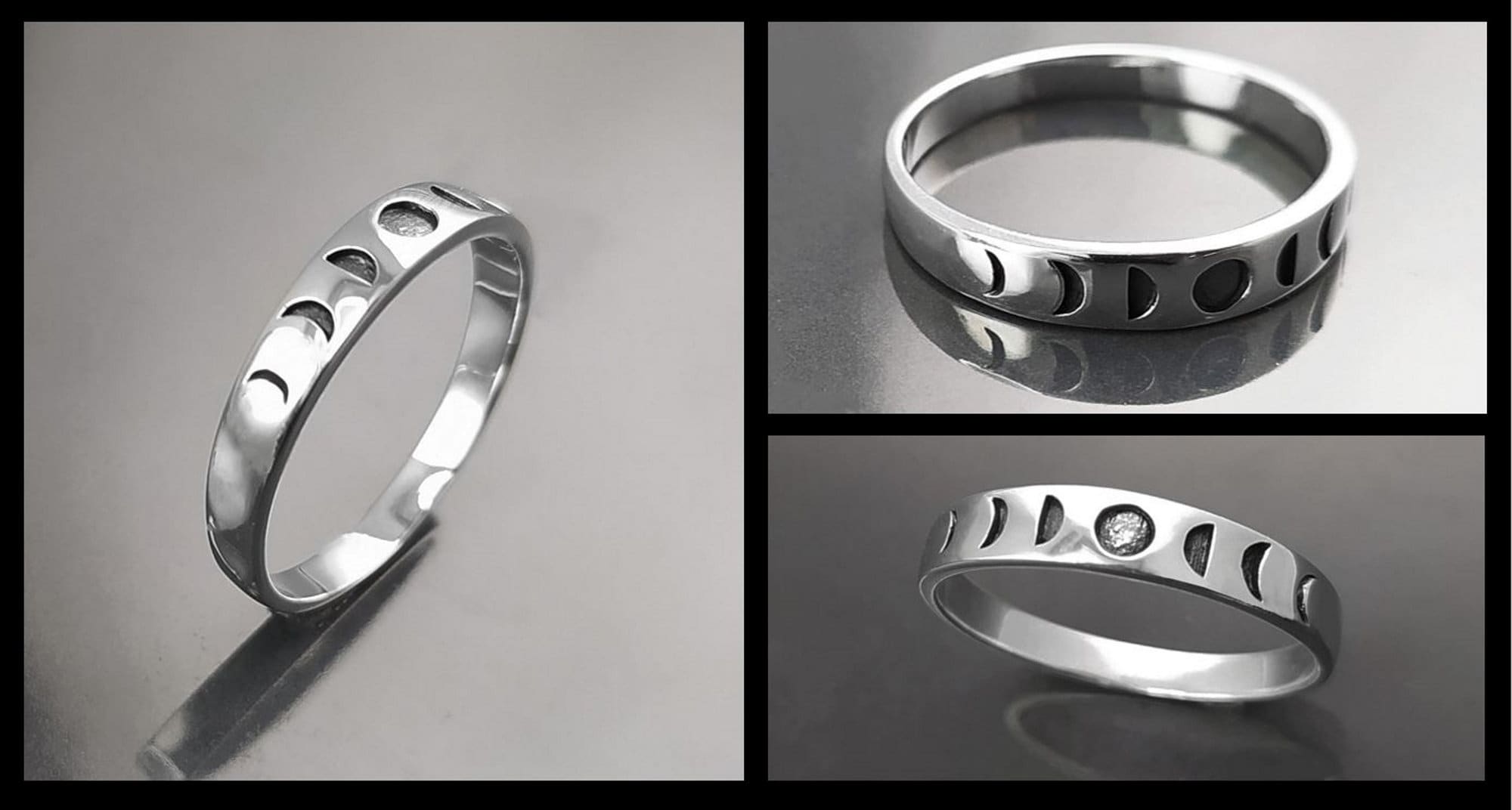 Une bague en argent avec un motif de phases lunaires. La bague présente une série de croissants de lune, chacun représentant une phase différente du cycle lunaire.
Un anneau fin et facile à porter, avec un design moderne.
Bague de haut et de face.
Durable, fait main, local. Créateurs sûrs. Boutique aux milliers d'avis.