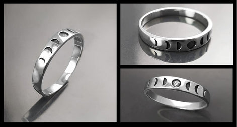 Une bague en argent avec un motif de phases lunaires. La bague présente une série de croissants de lune, chacun représentant une phase différente du cycle lunaire.
Un anneau fin et facile à porter, avec un design moderne.
Bague de haut et de face.
Durable, fait main, local. Créateurs sûrs. Boutique aux milliers d'avis.