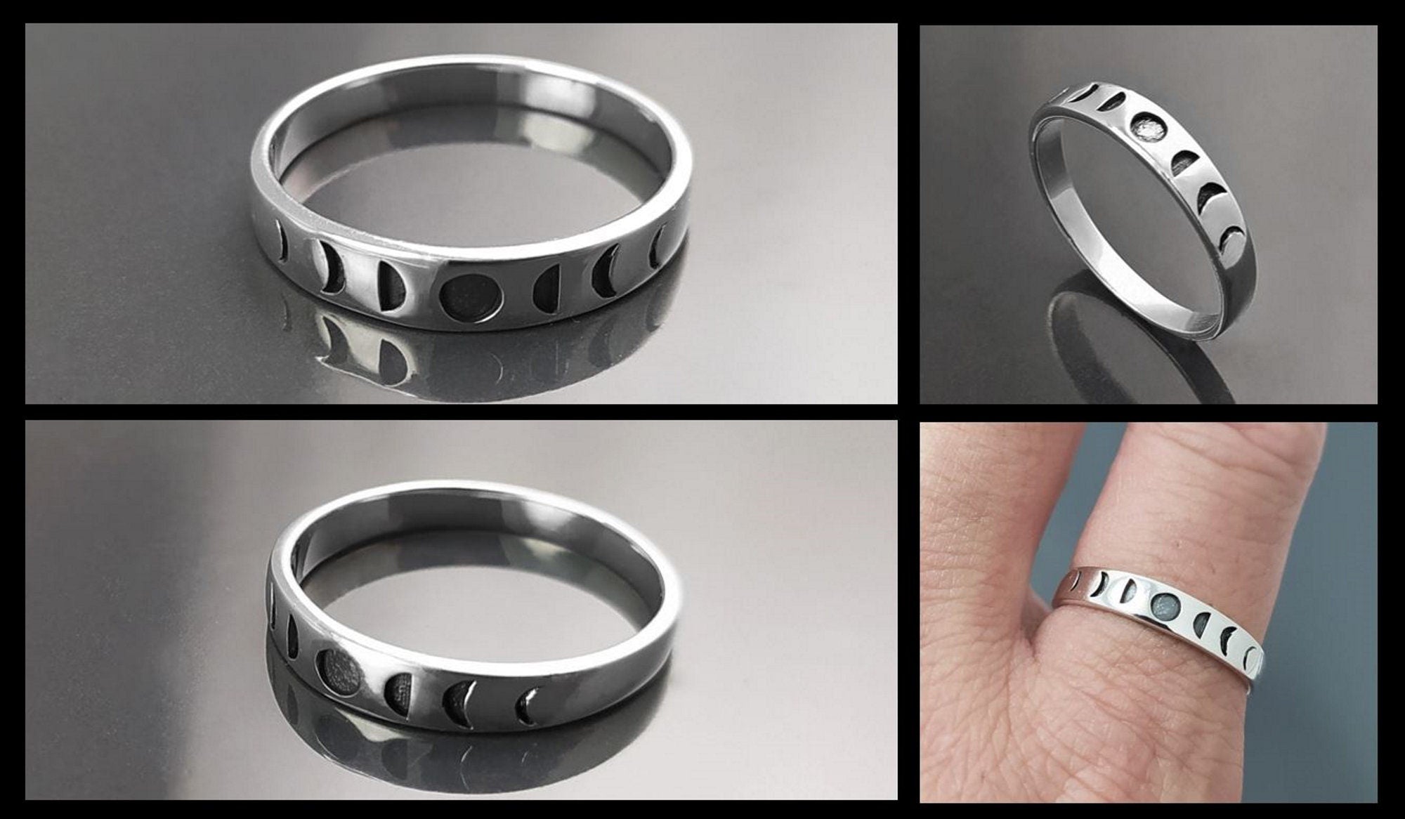 Une bague en argent avec un motif de phases lunaires. La bague présente une série de croissants de lune, chacun représentant une phase différente du cycle lunaire.
Un anneau fin et facile à porter, avec un design moderne.
Vu de la bague portée.
Durable, fait main, local. Créateurs sûrs. Boutique aux milliers d'avis.
