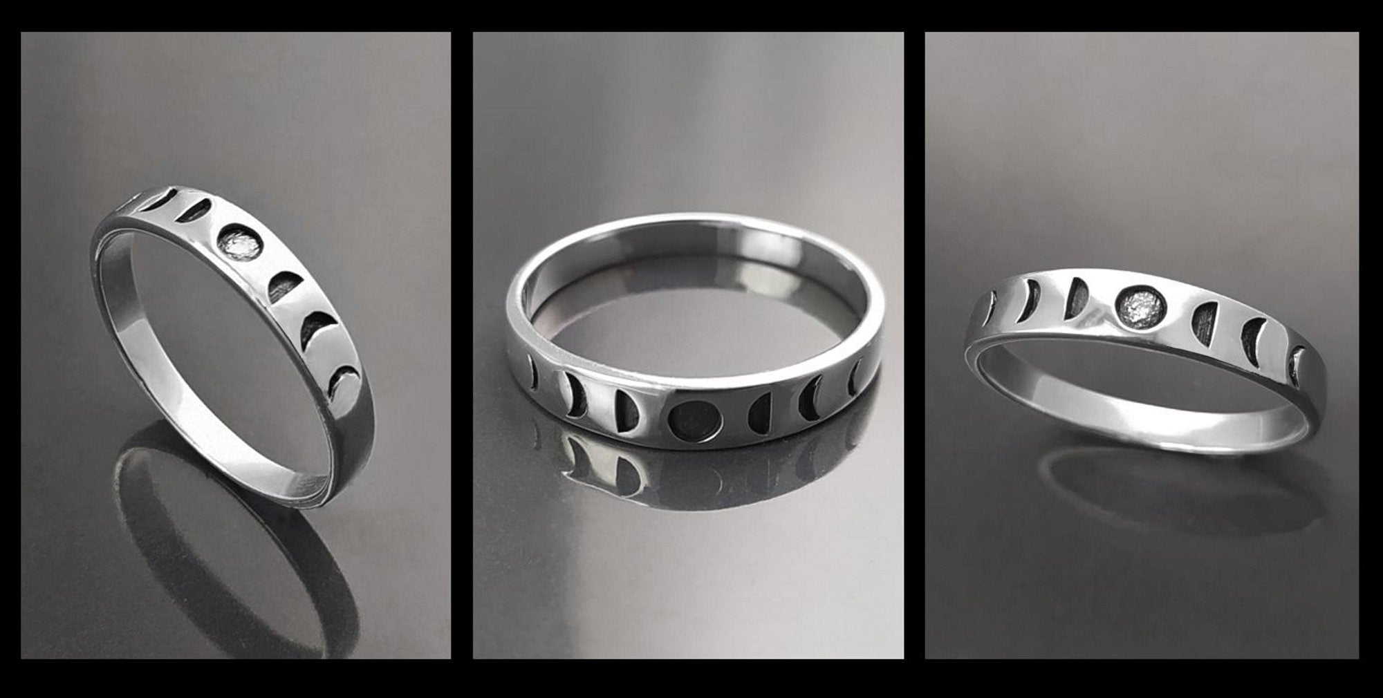 Une bague en argent avec un motif de phases lunaires. La bague présente une série de croissants de lune, chacun représentant une phase différente du cycle lunaire.
Un anneau fin et facile à porter, avec un design moderne.
Multi vues.
Durable, fait main, local. Créateurs sûrs. Boutique aux milliers d'avis.