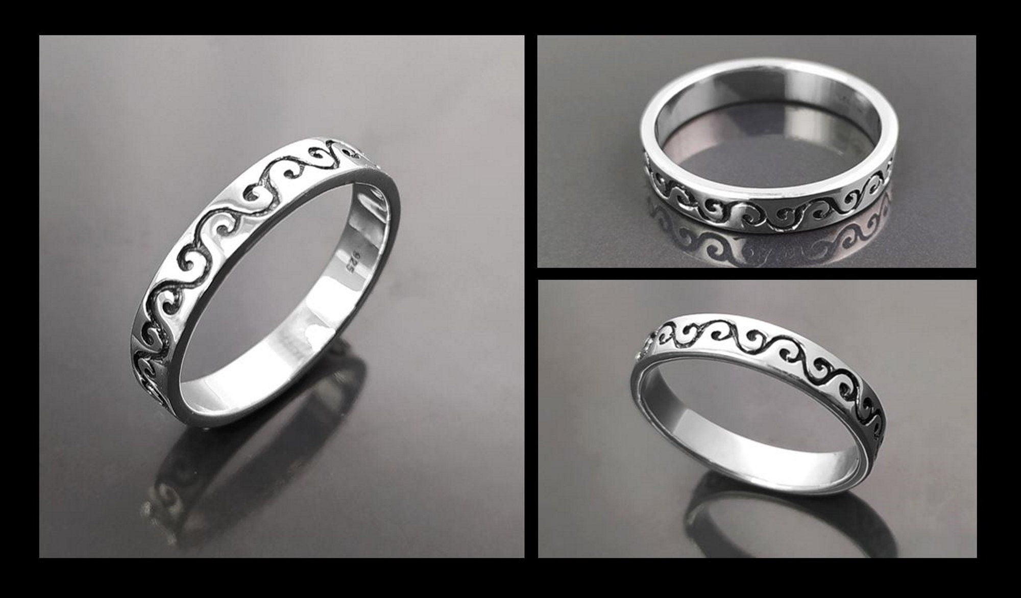 Bague Fine en Argent Massif 925 avec un motif régulier central. une frise de courbe qui va vers le haut et vers le bas.
vu de haut et posée.
Bijou durable. Boutique aux milliers d'avis. Qualité créateur local.