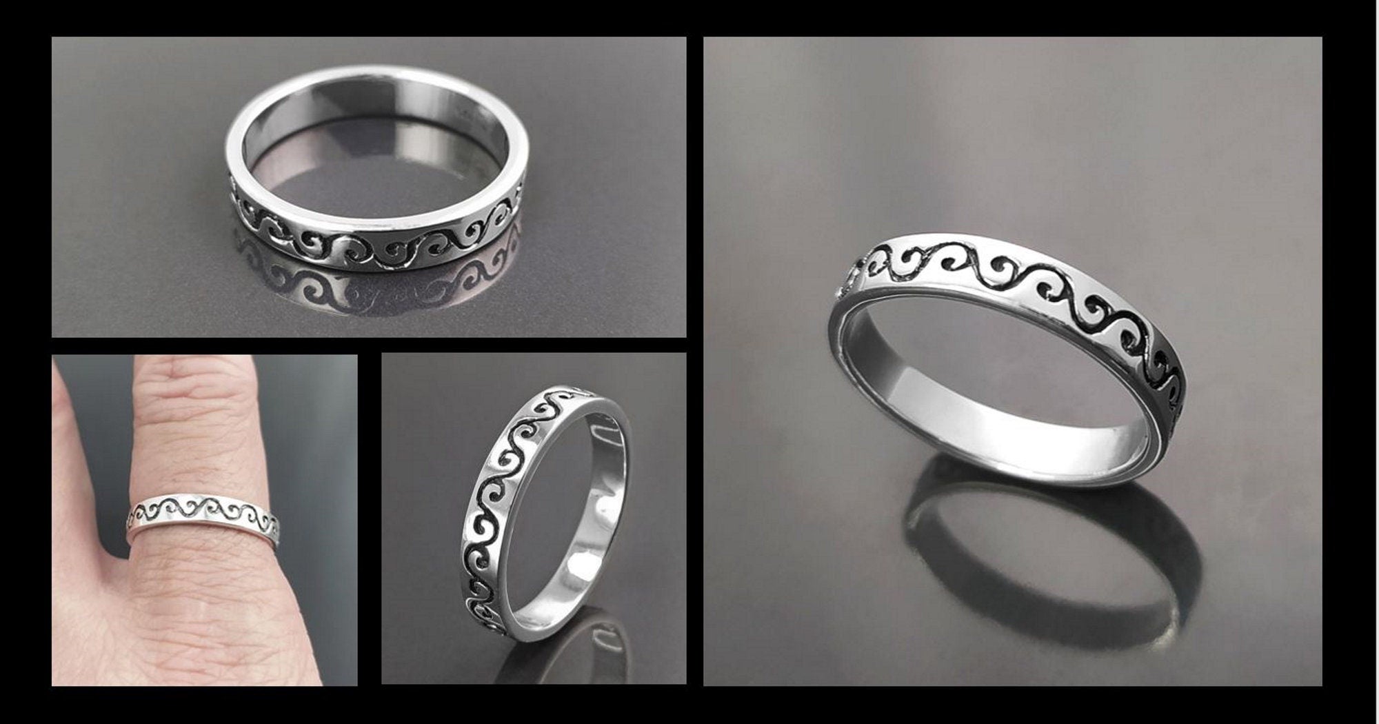 Une bague en argent avec un motif de vague décoratif gravé autour de la bande.
Bague Fine en Argent Massif 925 avec un motif régulier central. une frise de courbe qui va vers le haut et vers le bas.
Bague portée et multi vus.
Bijou durable. Boutique aux milliers d'avis. Qualité créateur local.