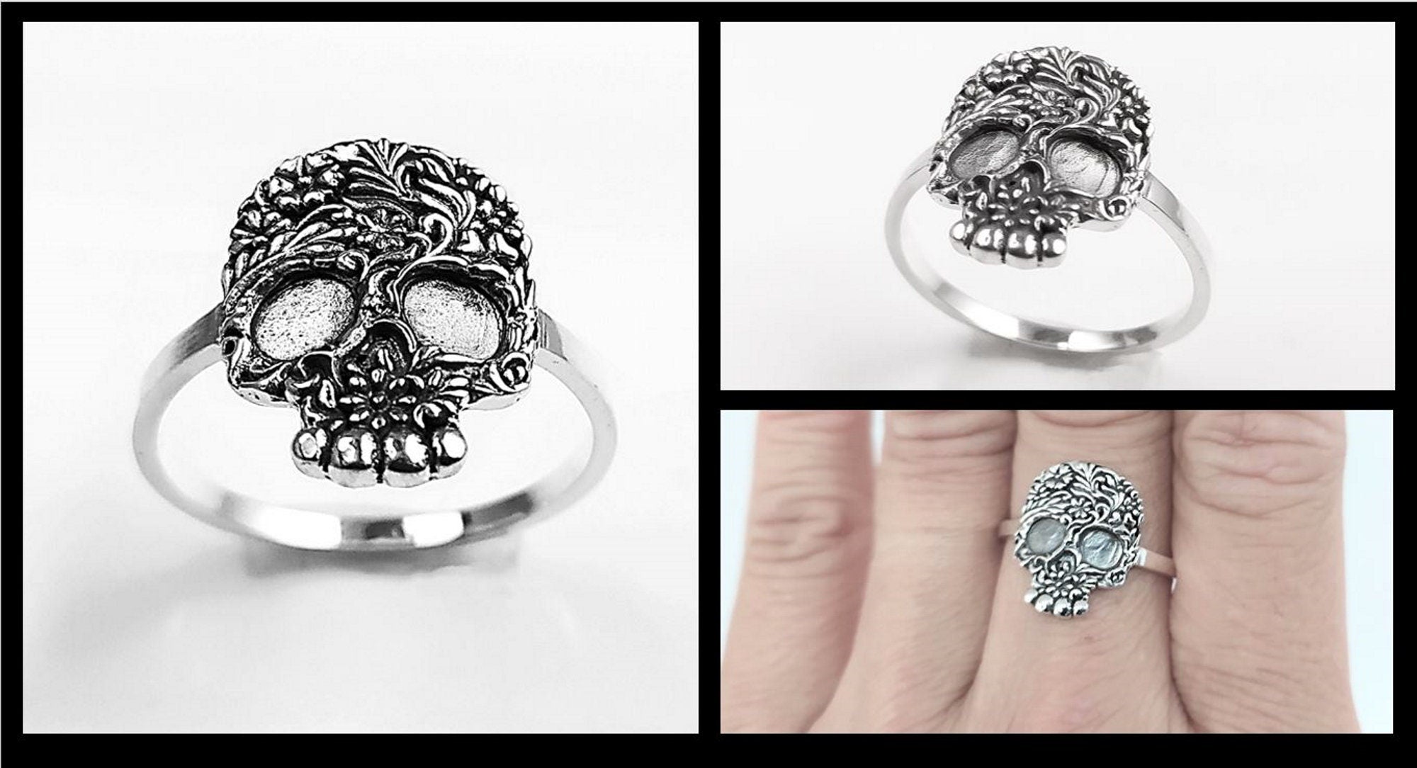 Trois vues dont une avec bague portée sur main. Il s'agit d'une bague en argent 925 avec un motif de crâne détaillé. Le crâne est orné de motifs floraux complexes.