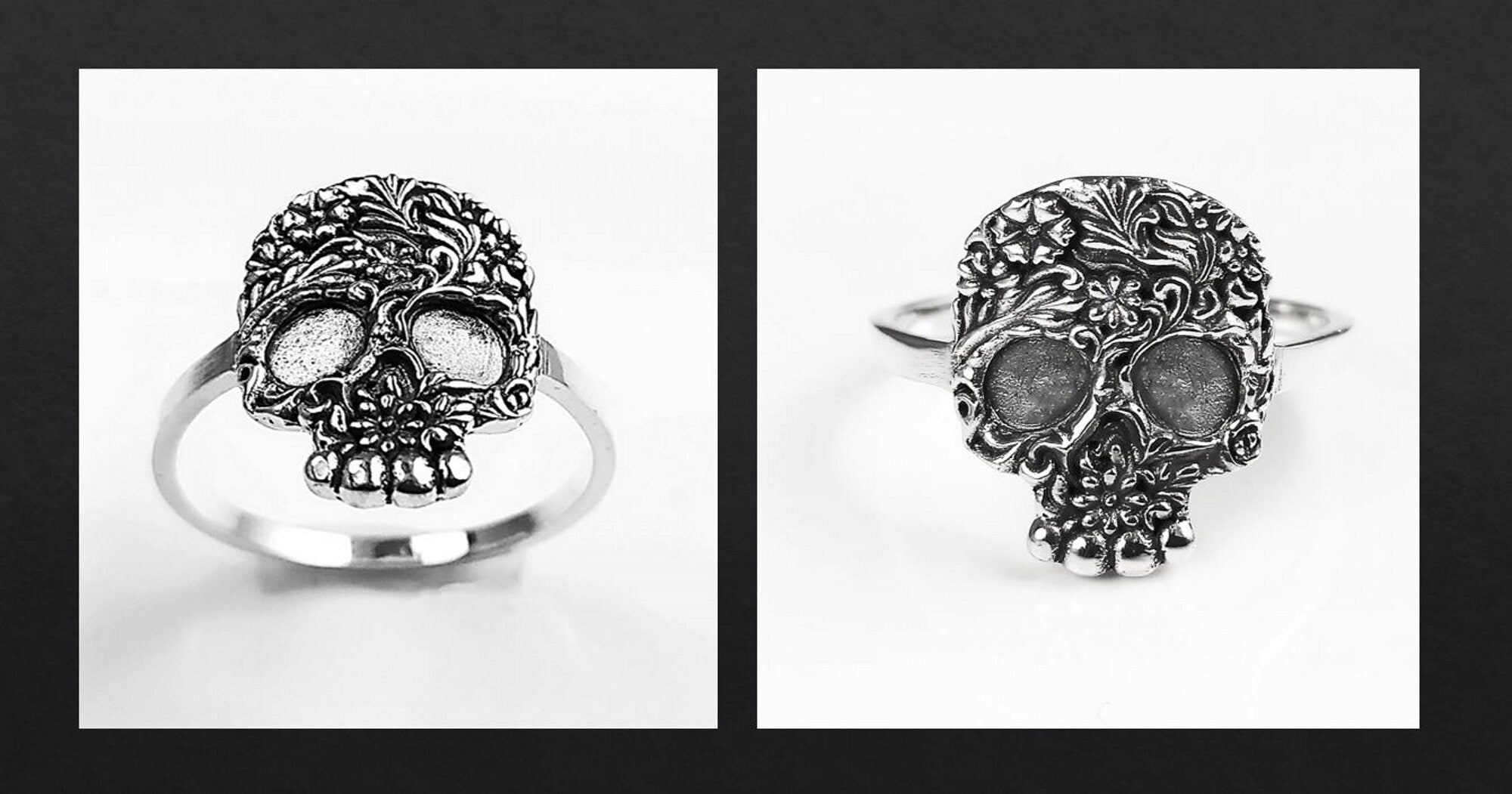 Double vues d'une bague en argent avec un motif de crâne détaillé orné de motifs floraux. Le crâne a des orbites vides et un nez et une bouche détaillés. c'est une Bague Crâne Tête de Mort Gothique motif floral, Argent 925