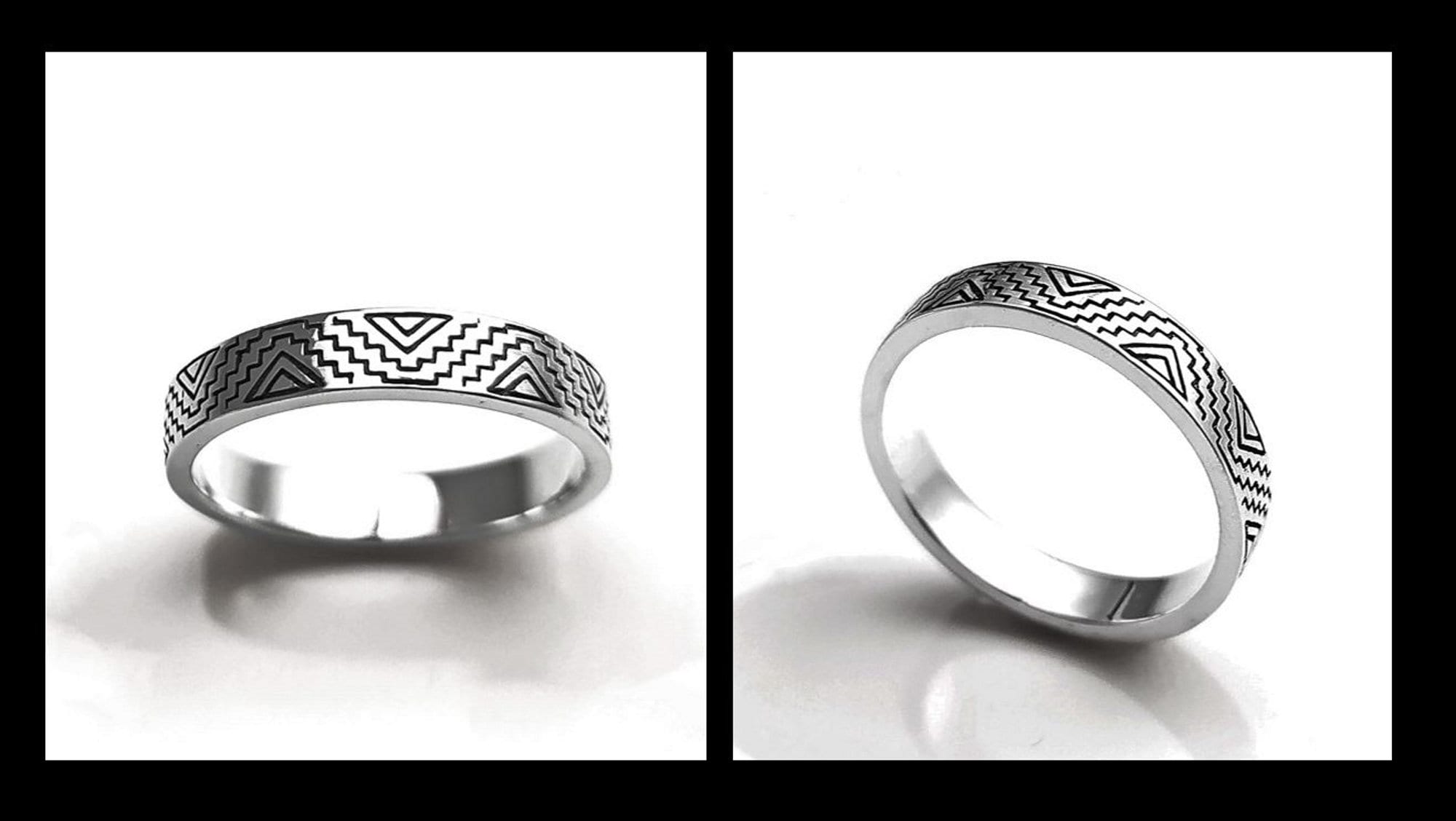 Mayan Band Ring, Sterling Silver, Mesoamerican Geometric Aztec Ancient Symbols Inca Temple Maya civilization Symbols Unisex Jewelry