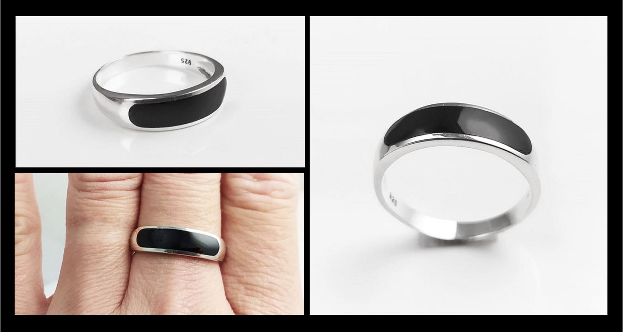 Sterling Silver Signet Ring, Black Onyx Flat Stone Band