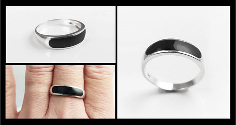 Sterling Silver Signet Ring, Black Onyx Flat Stone Band