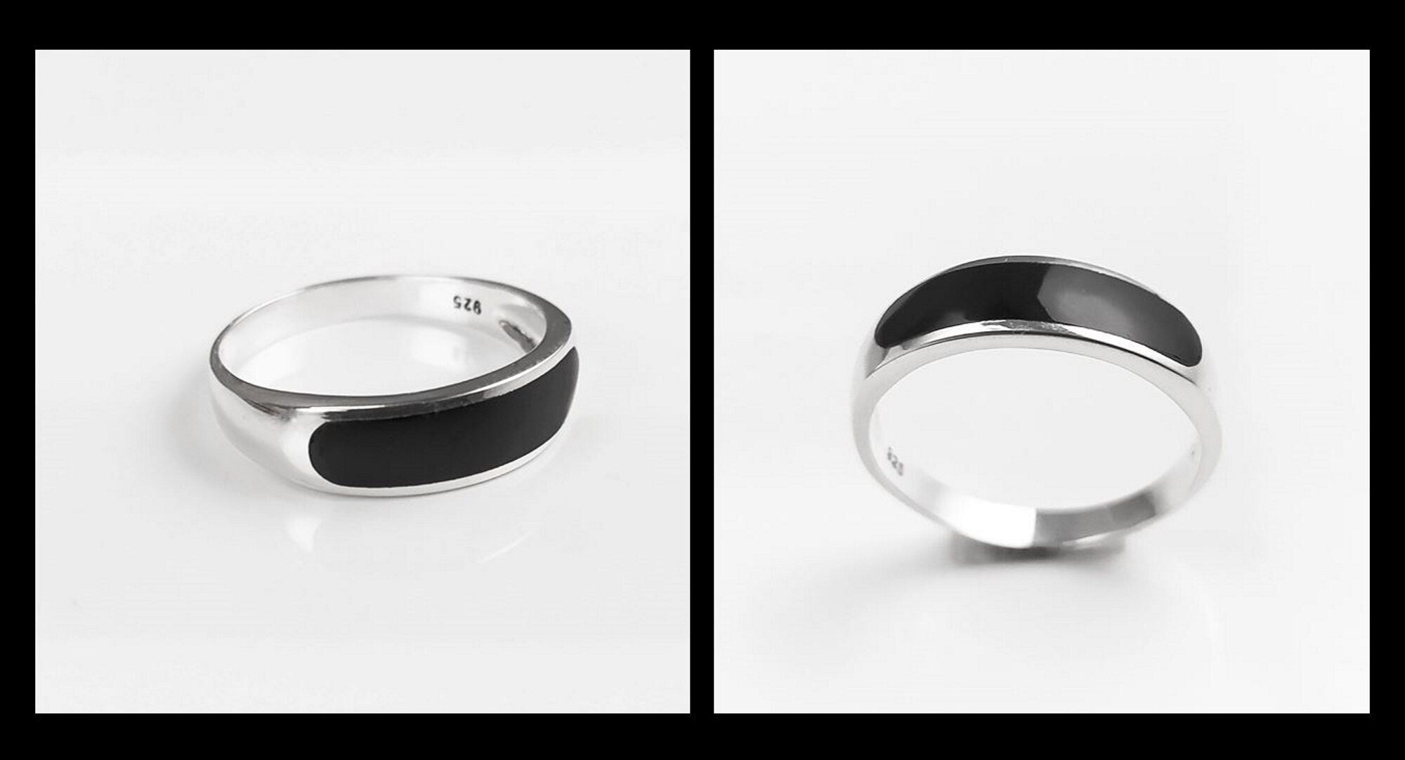 Sterling Silver Signet Ring, Black Onyx Flat Stone Band
