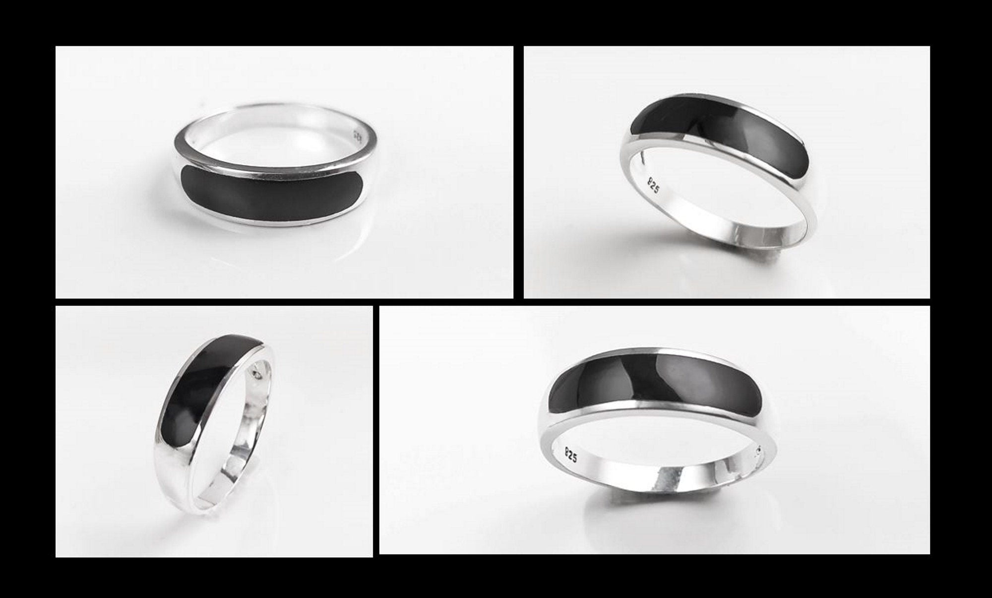 Sterling Silver Signet Ring, Black Onyx Flat Stone Band