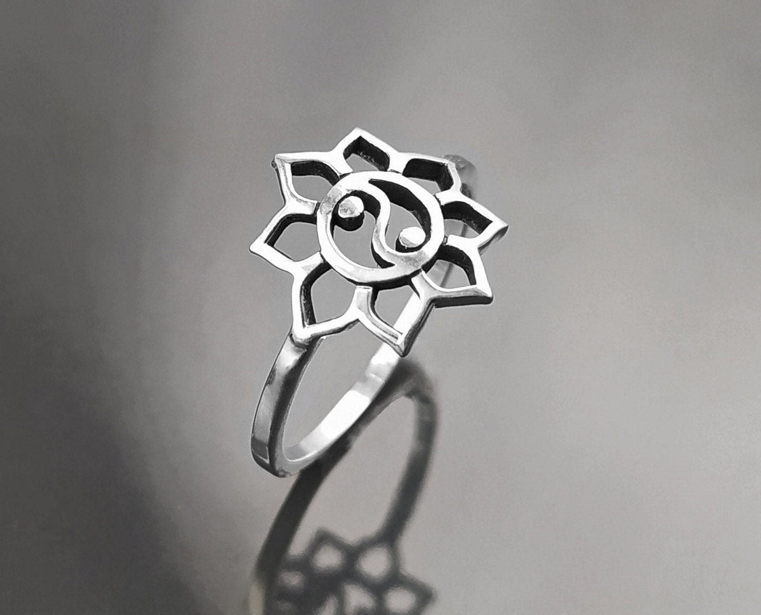 Lotus Yin Yang Ring, Sterling Silver, Spiritual Jewelry, Oriental Asian Zen Jewelry, Balance Yoga Ring, Mandala Spirit Ring