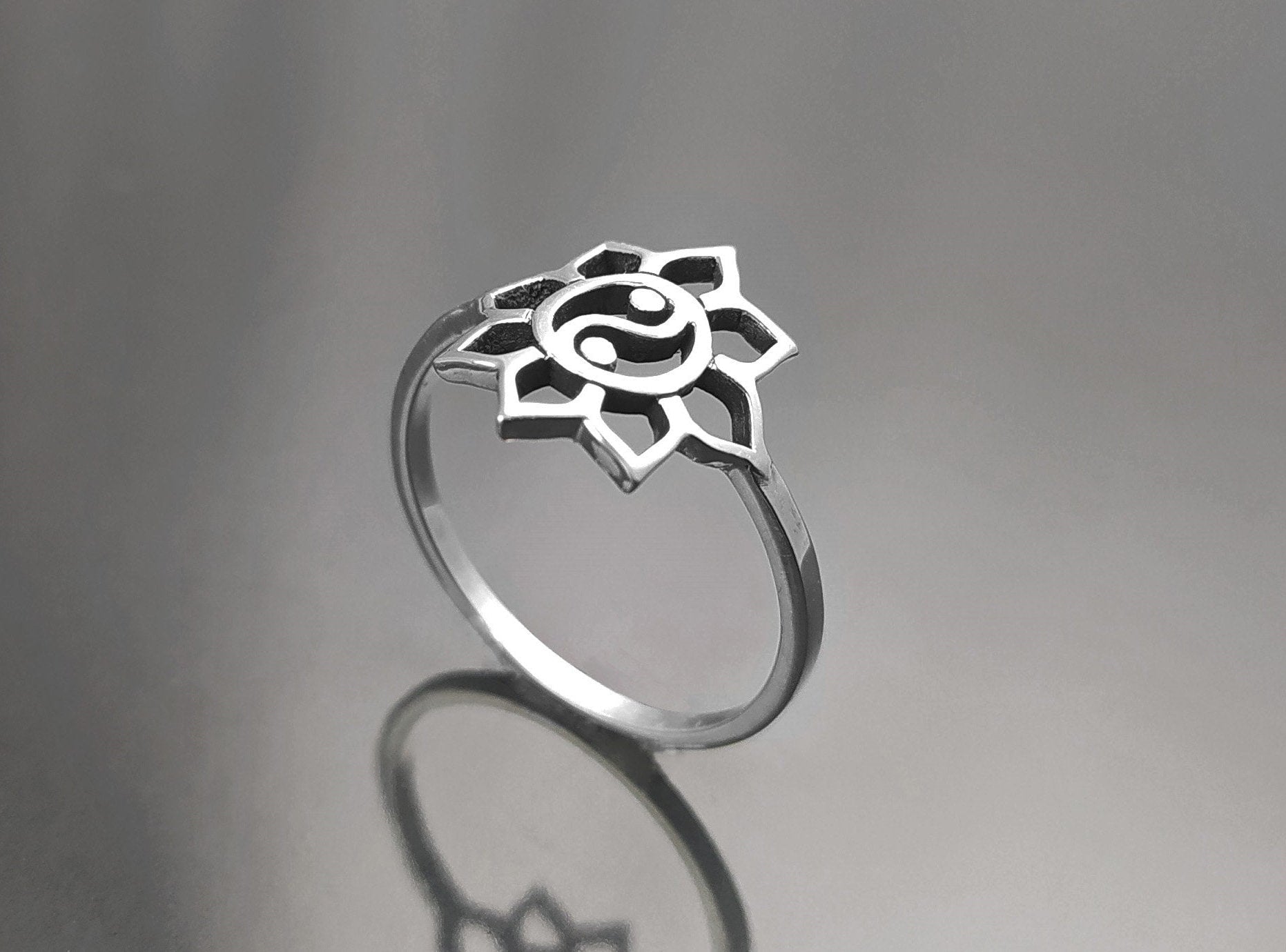 Lotus Yin Yang Ring, Sterling Silver, Spiritual Jewelry, Oriental Asian Zen Jewelry, Balance Yoga Ring, Mandala Spirit Ring