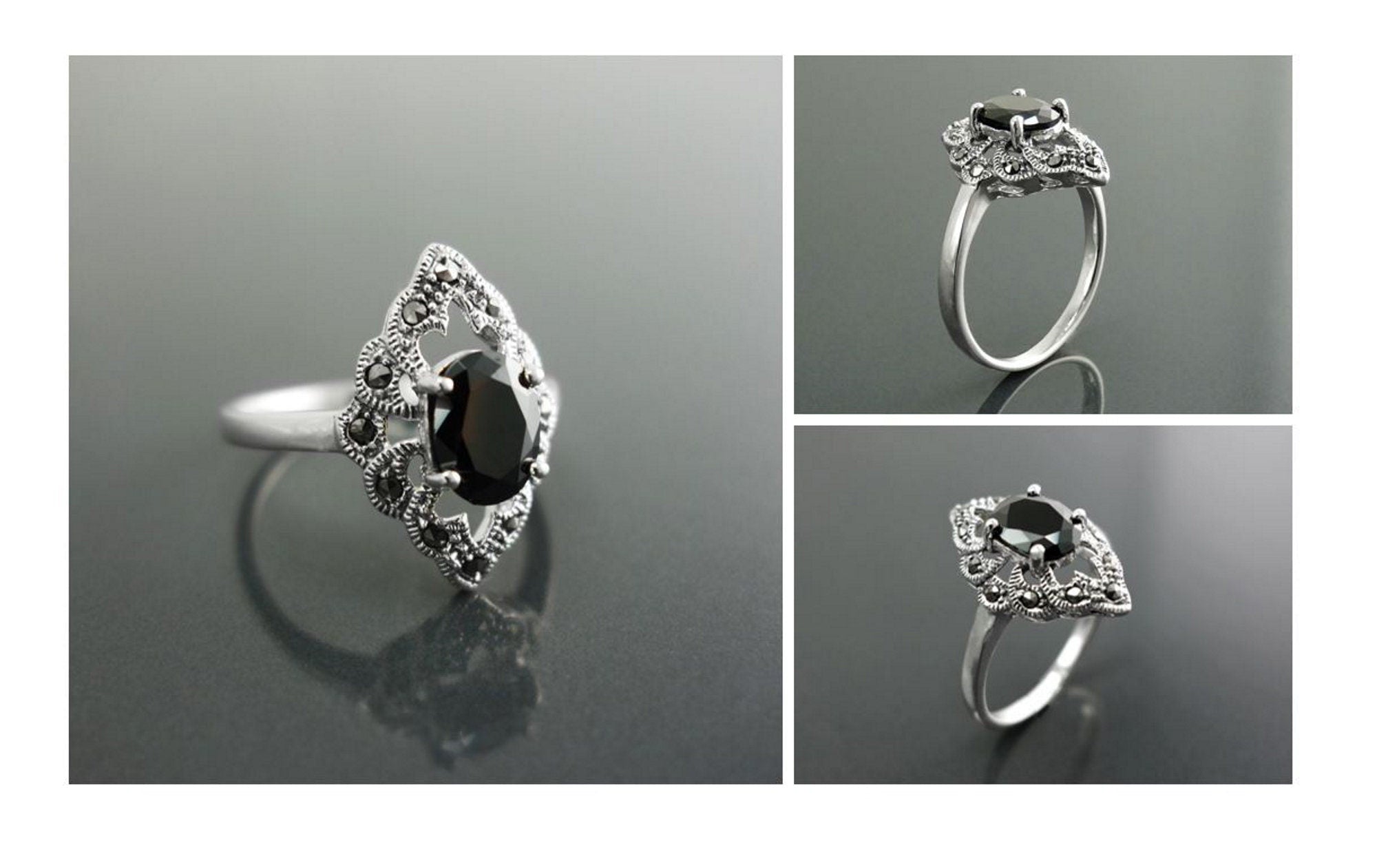 Black Marcasite Ring, Sterling Silver, Vintage Marquise Ring, Lab Black Diamond Simulant (Cz), Retro Stone Jewelry, Antique Women's Gifts