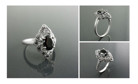 Black Marcasite Ring, Sterling Silver, Vintage Marquise Ring, Lab Black Diamond Simulant (Cz), Retro Stone Jewelry, Antique Women's Gifts
