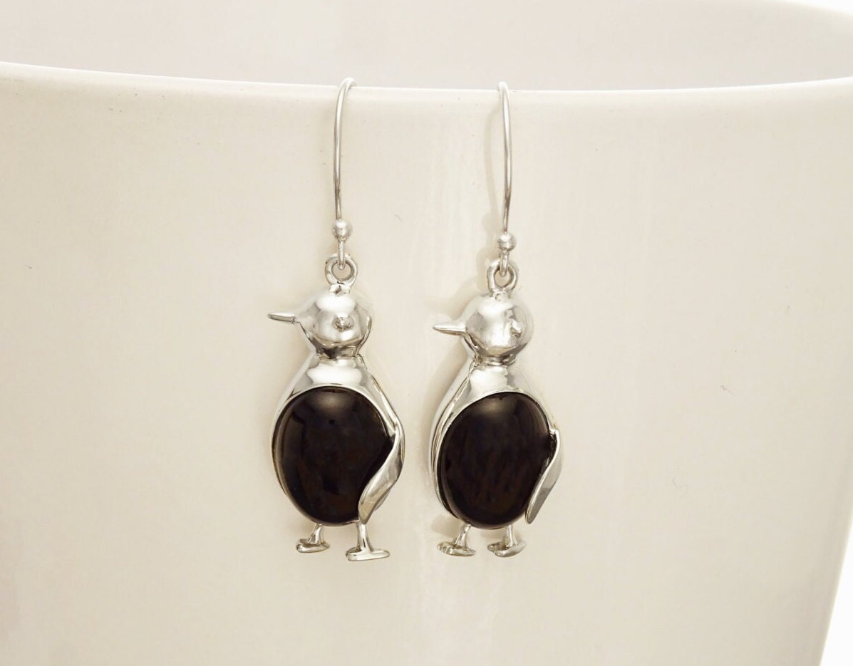 Penguin Bird Earrings - Sterling Silver, Gemstone earrings, Black Onyx Earrings, Onyx Jewelry, Bird Earrings, Animal, Artic Animals jewelry.