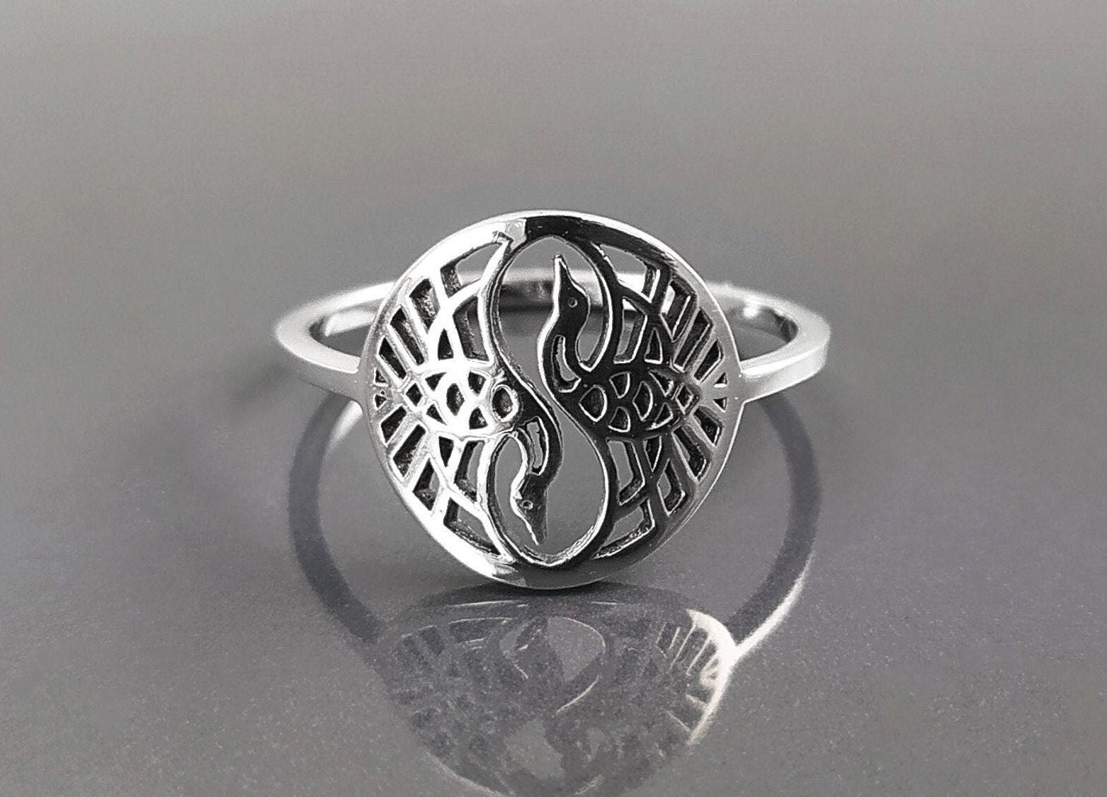 Crane Bird Ring, Sterling Silver, Spiritual Yin Yang Yoga Design, Oriental Zen Jewelry