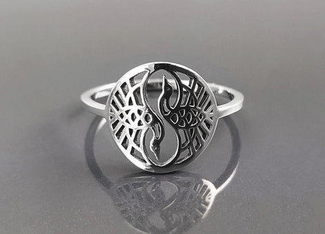 Crane Bird Ring, Sterling Silver, Spiritual Yin Yang Yoga Design, Oriental Zen Jewelry