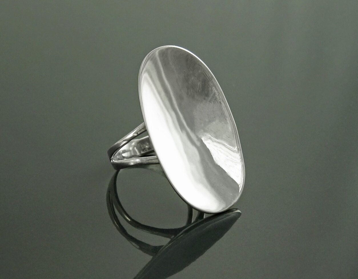 Handmade Sterling Silver Oval Ring, Polished Mirror Finish, Modern Minimalist Jewelry