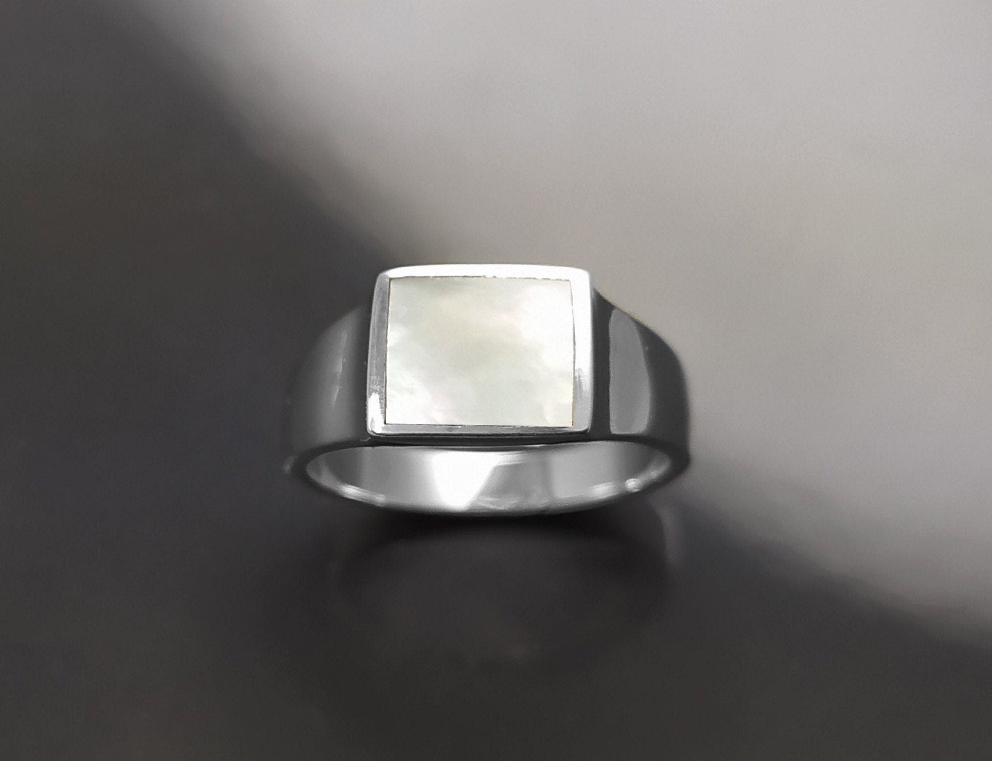 Sterling Silver Mother of Pearl Signet Ring, Unisex Square Stone