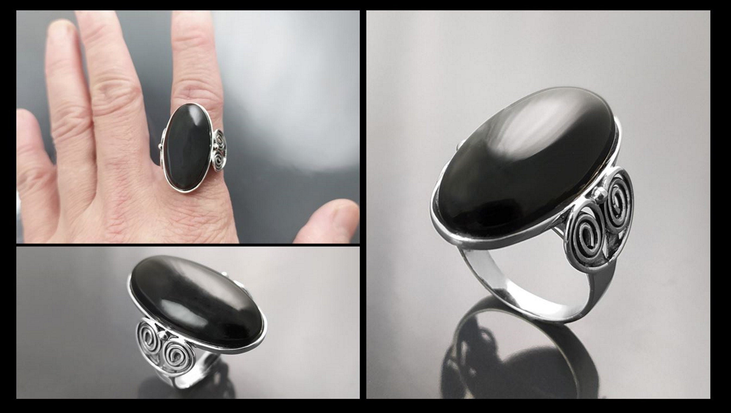 Scale on hand — ring shown for proportion — Sterling Silver ring with a large oval black onyx stone. The ring has a decorative spiral pattern on the side of the band.
• Metal: 925 sterling silver
• Stone: black onyx (cabochon)
• Stone size: 15×30 mm (approx.)
• Ring face: 15×30 mm | Band width: 3 mm
• Finish: high polish
• Handmade: yes | Country: FR
• Packaging: gift box | Resizing: on request