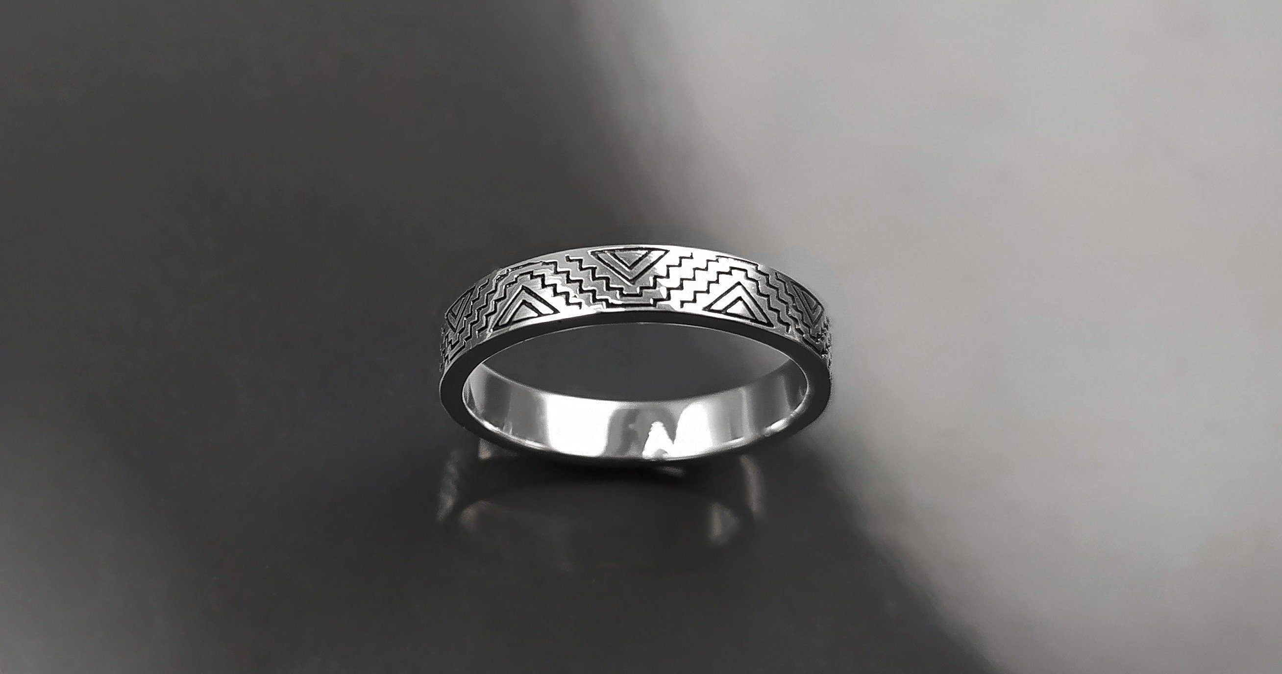 Mayan Band Ring, Sterling Silver, Mesoamerican Geometric Aztec Ancient Symbols Inca Temple Maya civilization Symbols Unisex Jewelry