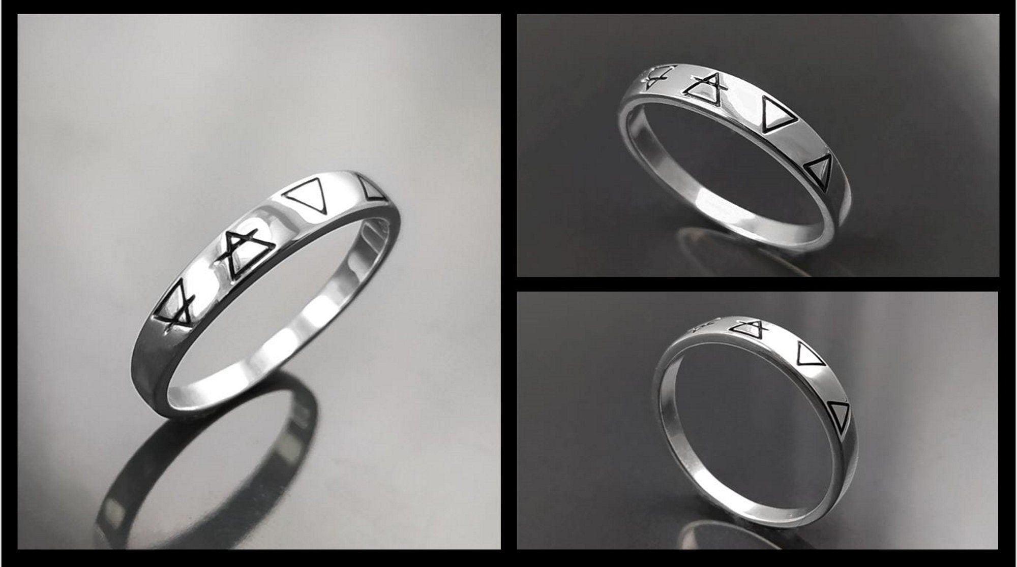 Une bague en argent avec quatre symboles gravés : un cercle avec une ligne qui le traverse, un triangle, un triangle inversé et un triangle avec une ligne qui le traverse.
VU DE Côté.
Bijou artisanal durable. Fait main local. Boutique de confiance recommandée.
