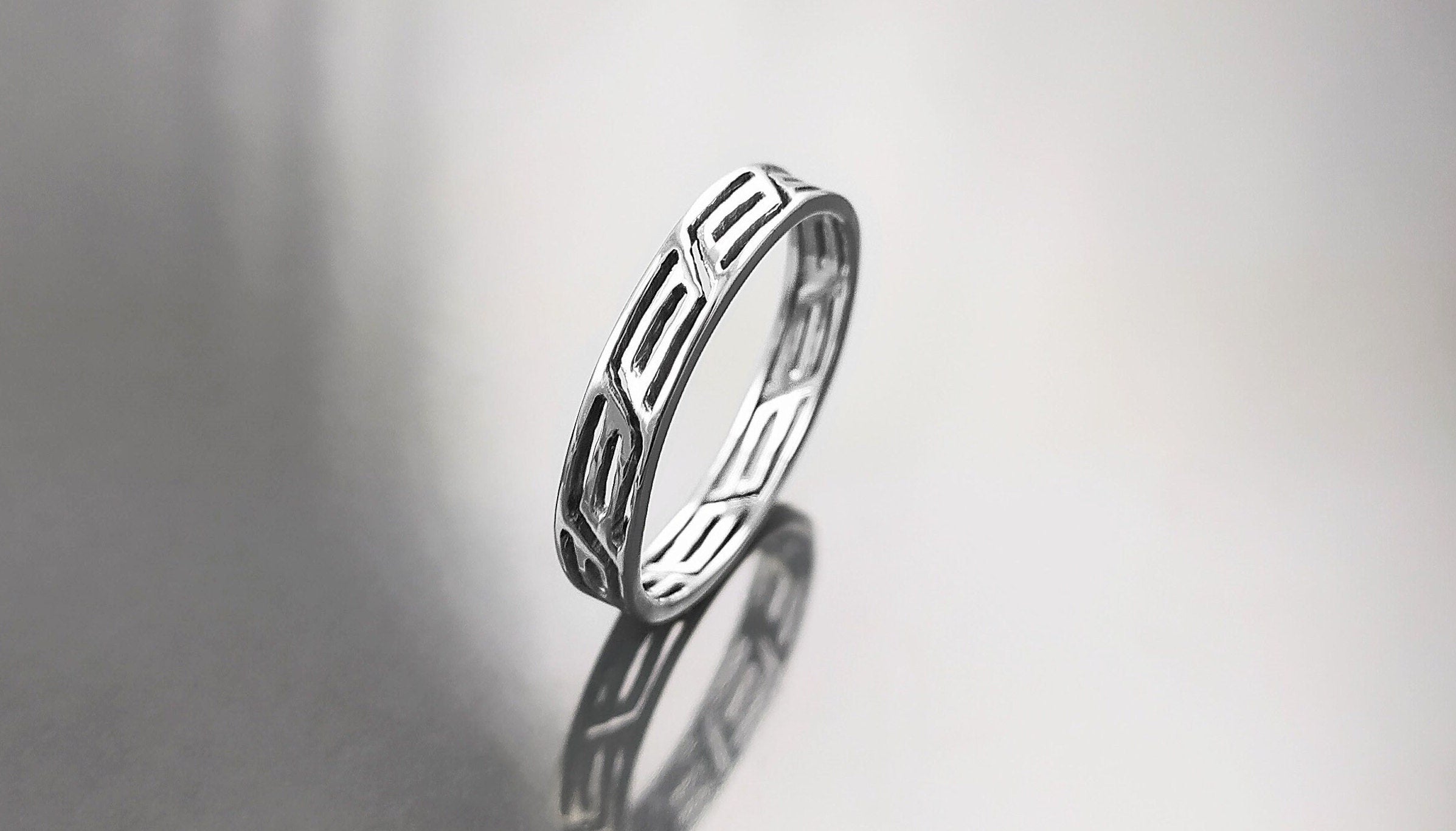 Openwork Band Ring, Sterling Silver, Unisex Modern Ring, Open Lace, Contemporary Greek Key Frieze, Women Men gift
