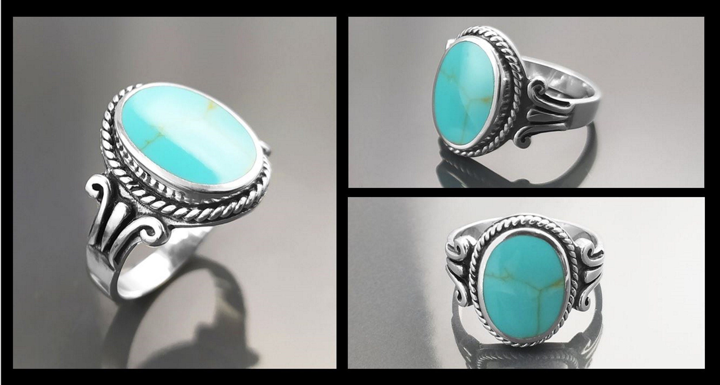 Turquoise Ring, Sterling Silver, Blue Green Turquoise stone, Unisex Jewelry, Flat Oval Stone Ring, Intricate Hipster Antique Rope Shank Ring