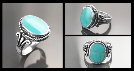 Turquoise Ring, Sterling Silver, Blue Green Turquoise stone, Unisex Jewelry, Flat Oval Stone Ring, Intricate Hipster Antique Rope Shank Ring