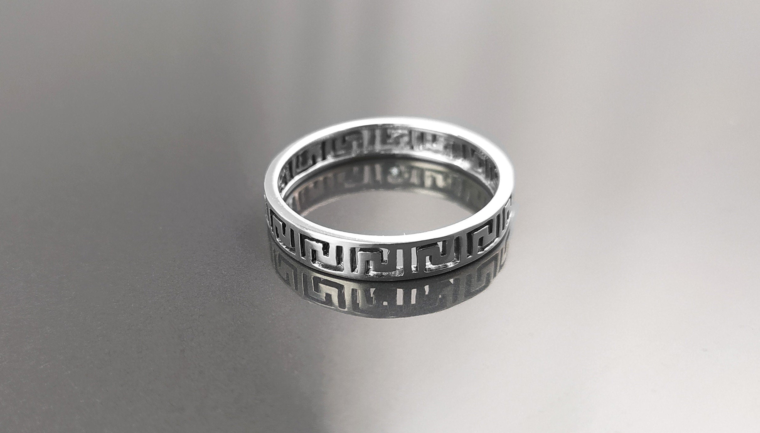 Greek Key Frieze Ring, Sterling Silver, Antique Spiral Meander Band, Eternity Long Life Jewelry